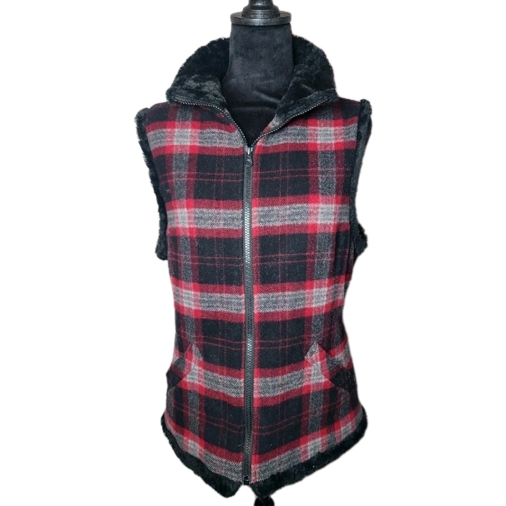 Woolrich Vest Womens S Black Red Plaid Faux Fur Lined Pockets Wool Blend Cozy